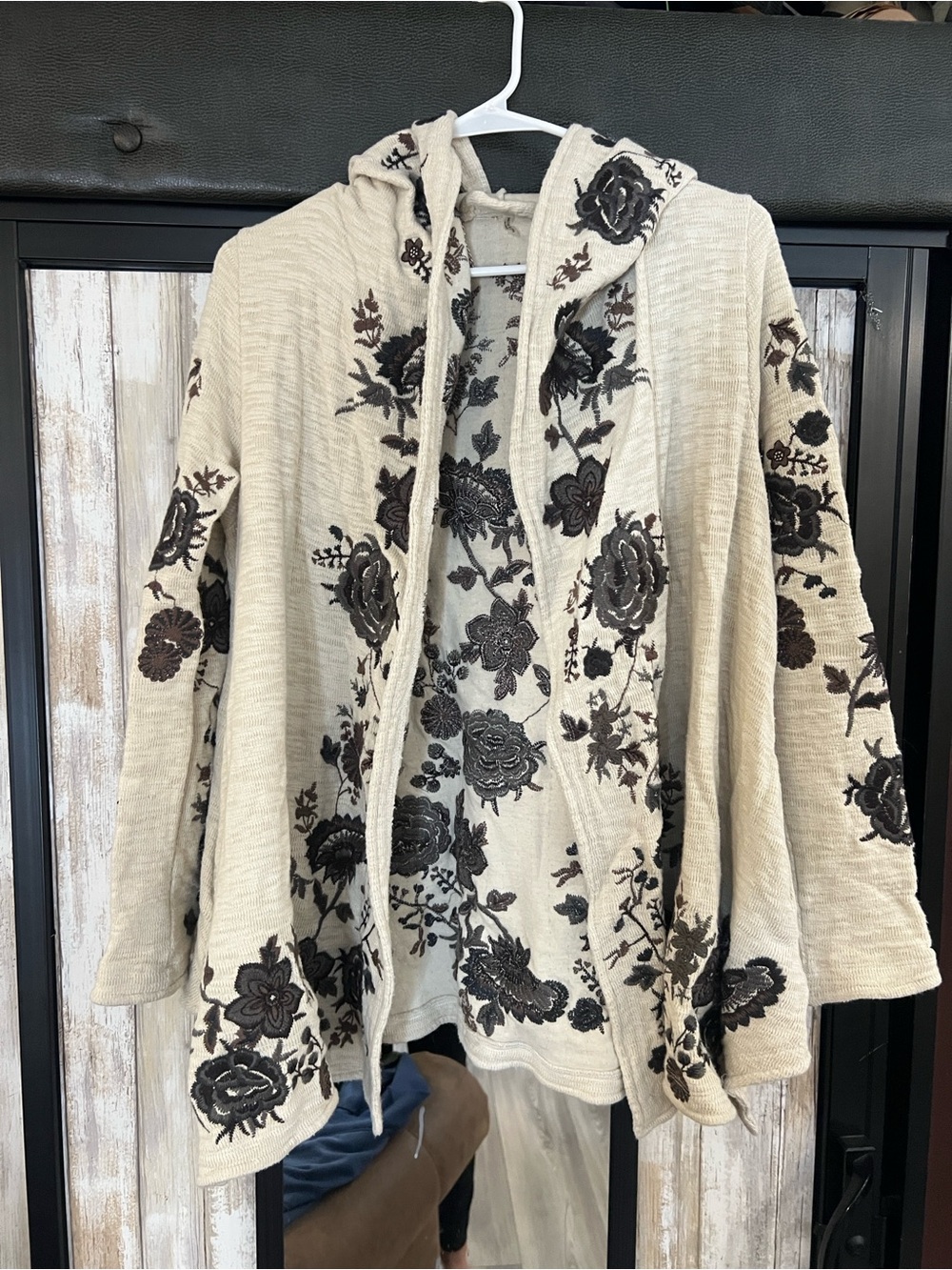Paparazzi Beige Floral Embroidered Hooded Sweater Cardigan